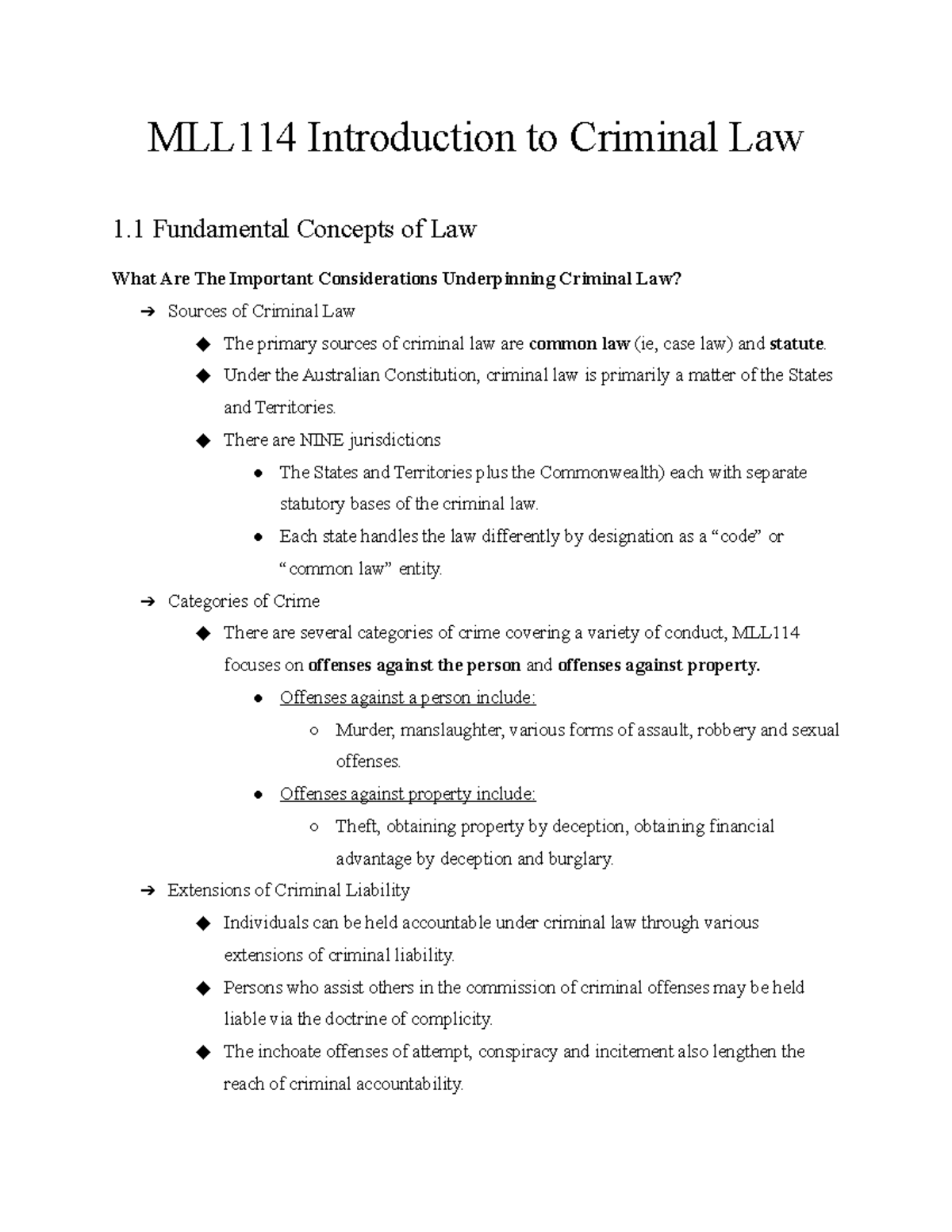 Intro To Criminal Law - MLL114 Introduction To Criminal Law 1 ...