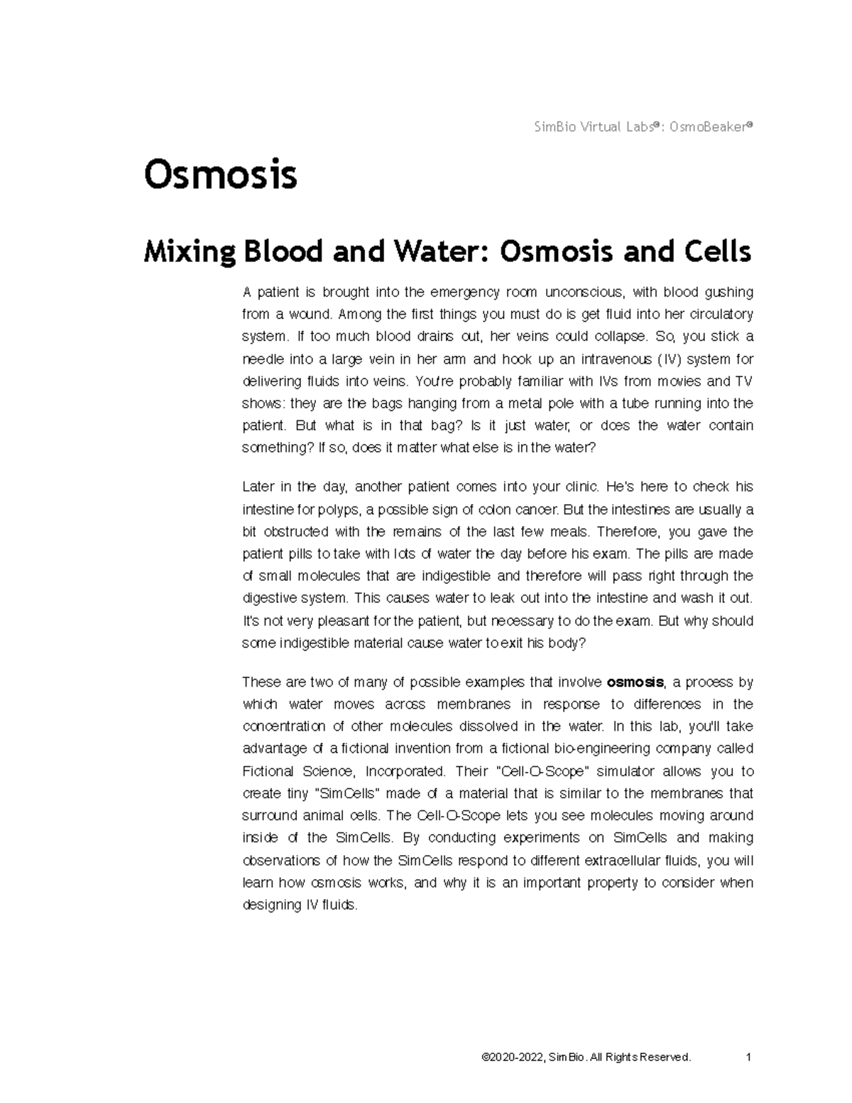 Osmosis stimulation lab SimBio Virtual Labs® OsmoBeaker® Osmosis Mixing Blood and Water