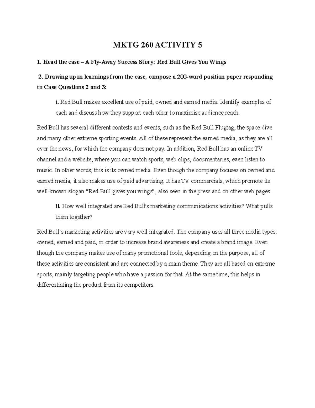 Mktg Activity 5 Read The Case A Fly Away Success Story Red