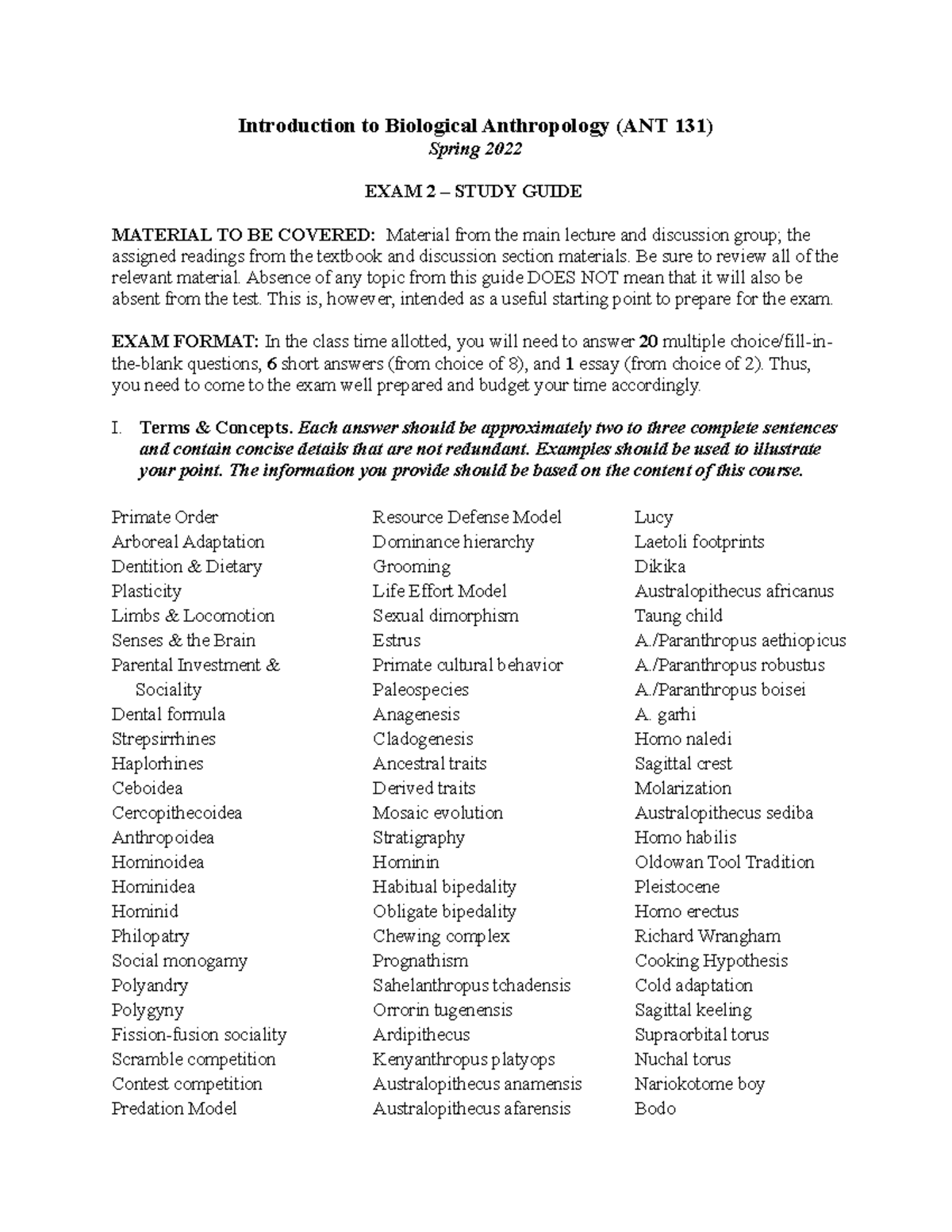 Exam 2 Study Guide 2022 final[ 59] - Introduction to Biological ...