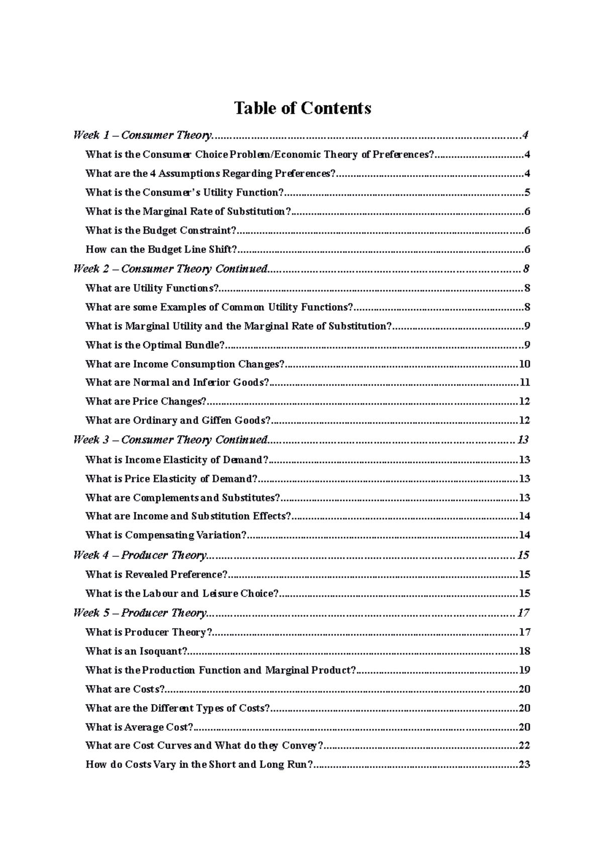 Micro Notes - Table of Contents Week 1 – Consumer - Studocu