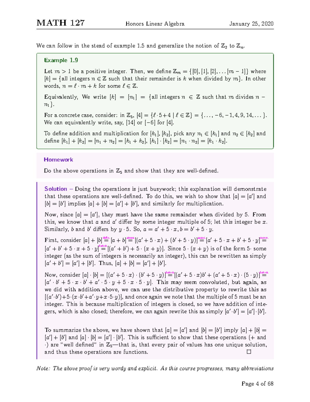 MATH 235-4 - Lecture notes 4 - MATH 127 Honors Linear Algebra January ...