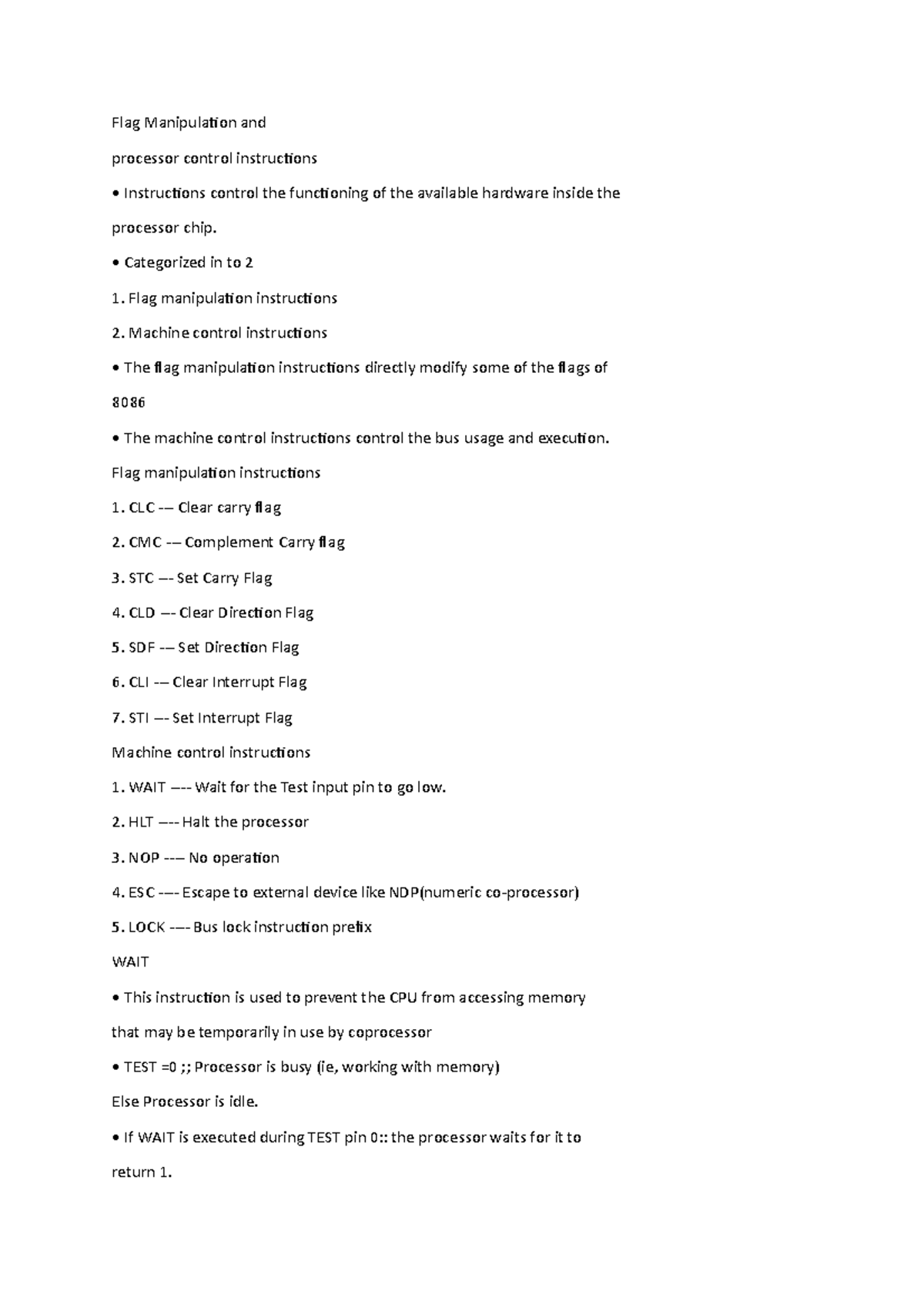 FLAG Manipulation AND Processor Control Instructions IN 8086 Flag