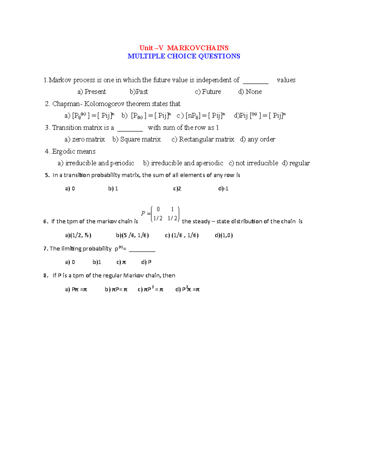 MARCHOV CHAINS PROBLEMS - Probability And Queueing Theory - Studocu