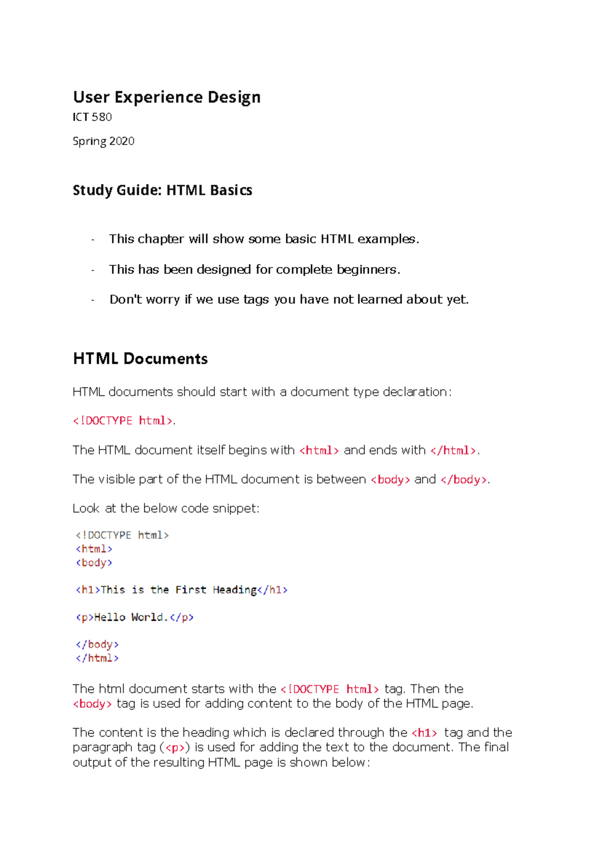 User Experience Design - HTML Basics - User Experience Design ICT 580 ...