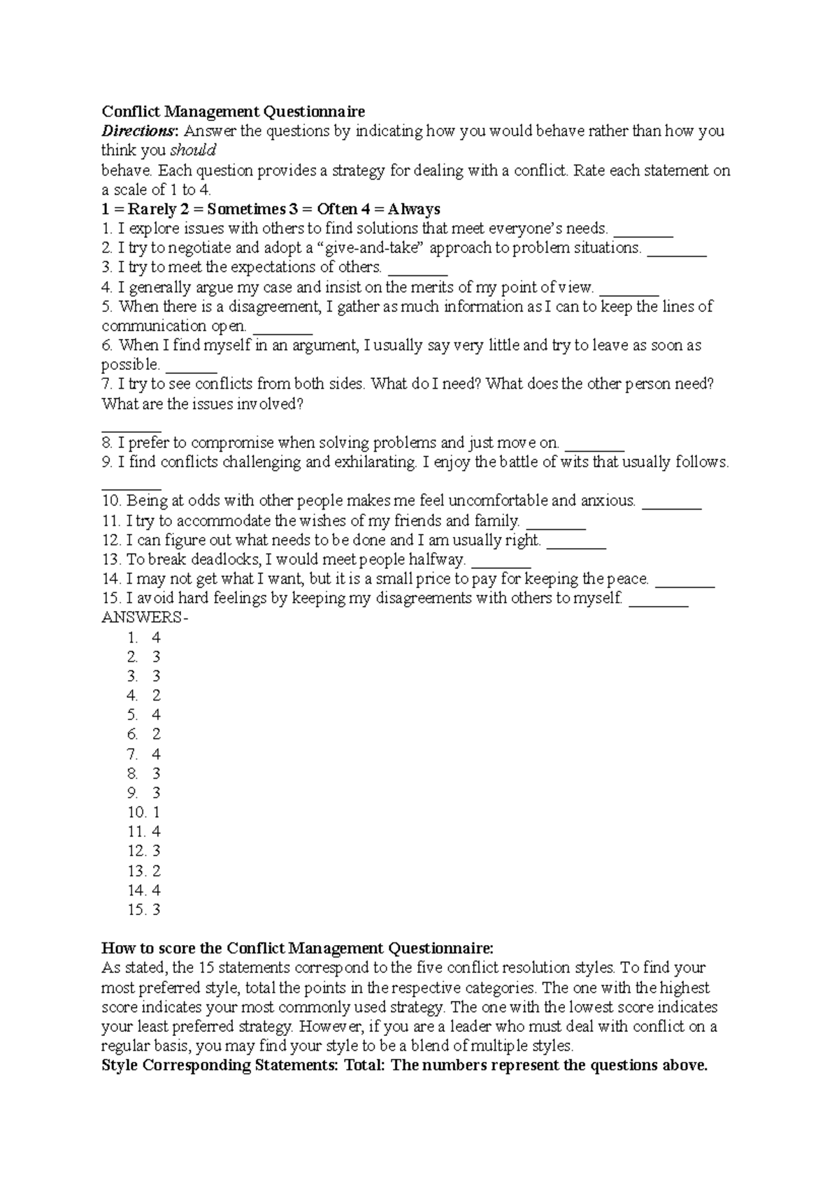 SEC 2 Conflict Management Questionnaire Directions Answer the
