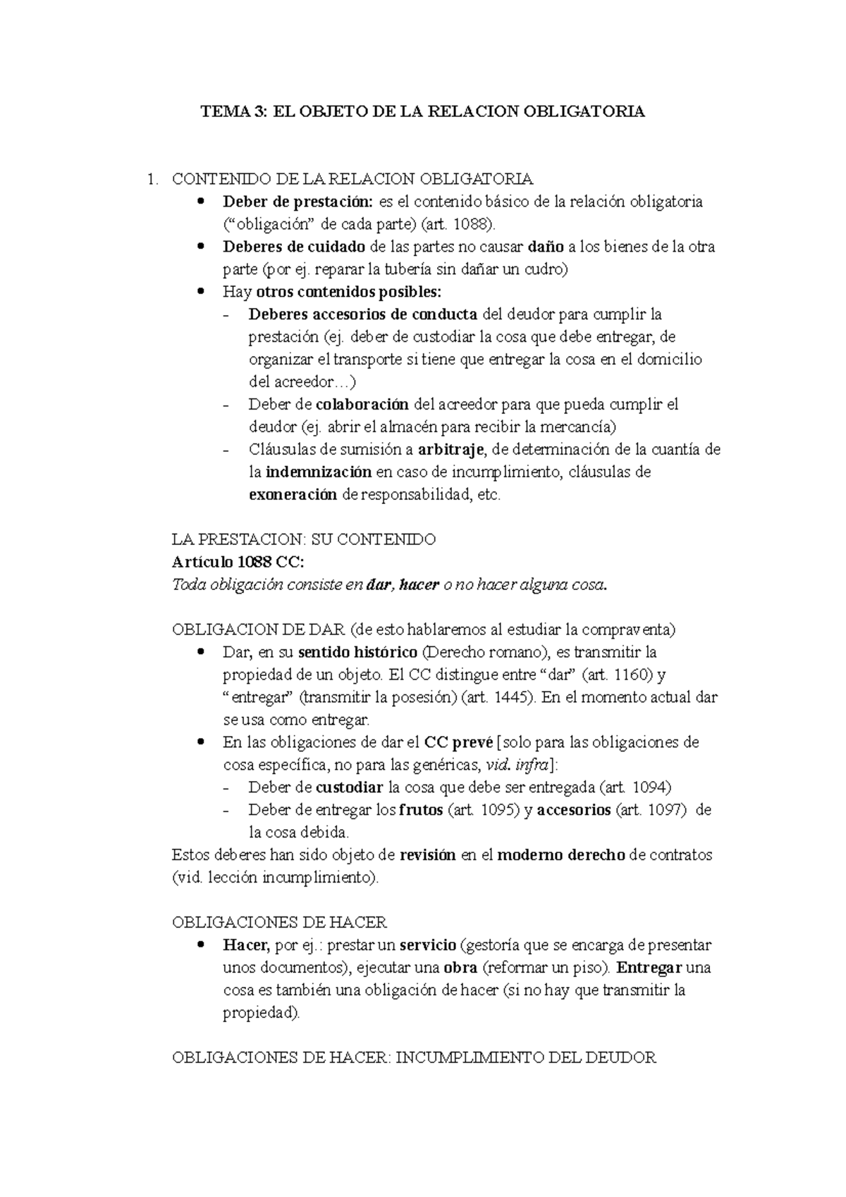 TEMA 3 OB Y Contratos - apuntes - TEMA 3: EL OBJETO DE LA RELACION ...