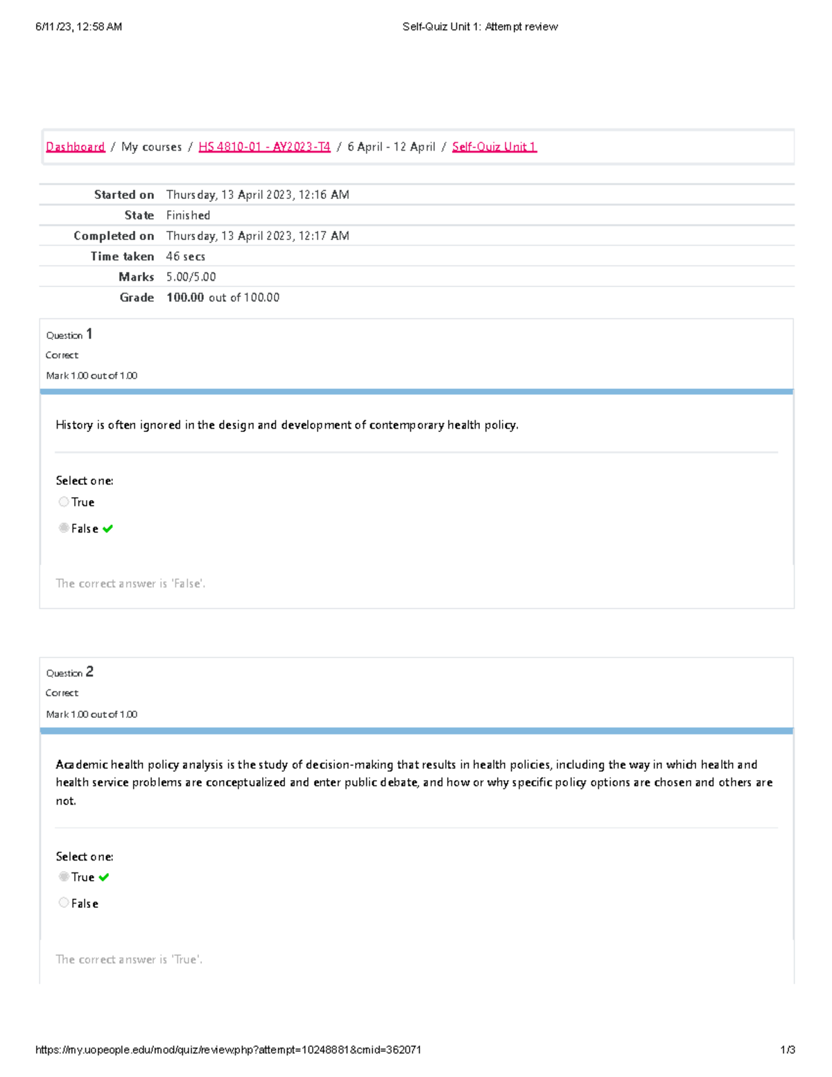 Self-Quiz Unit 1 Attempt review 4 - 6/11/23, 12:58 AM Self-Quiz Unit 1 ...