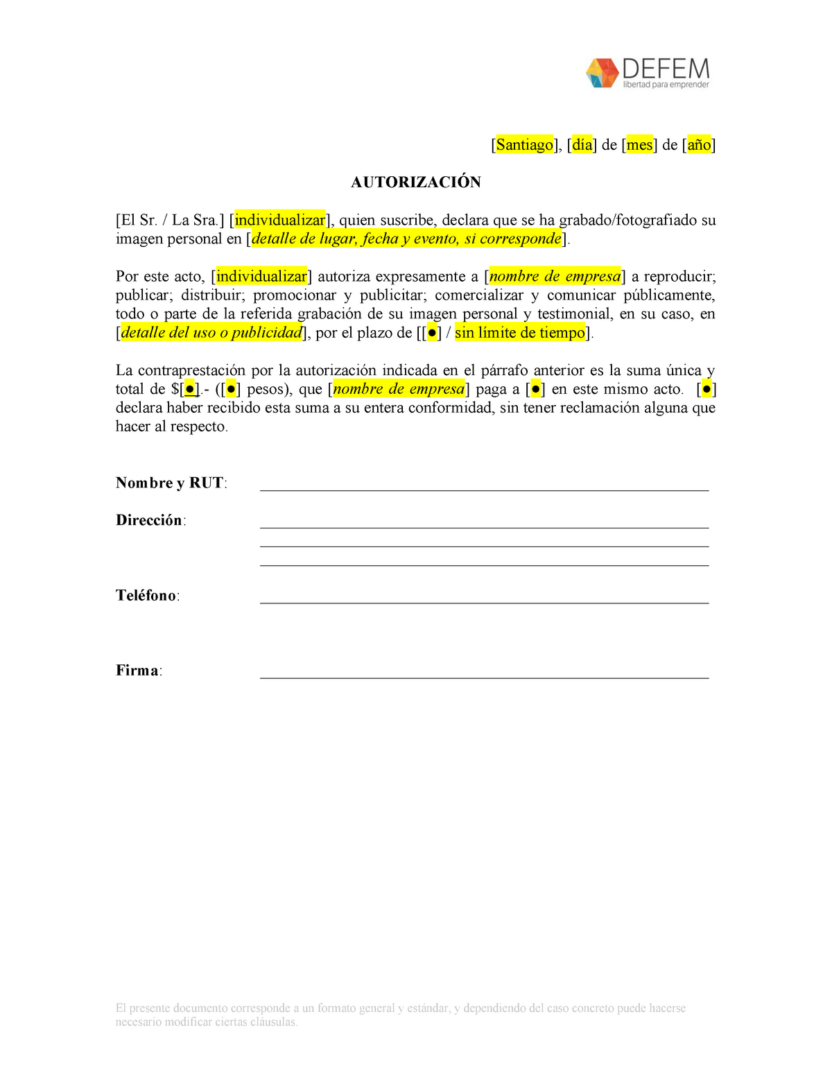 Autorización Simple PARA USO DE Imagen Personal (1) - El presente documento  corresponde a un formato - Studocu