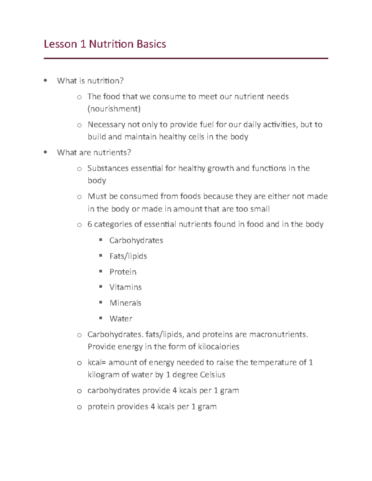 Lesson 1 - Lecture notes 1 - Lesson 1 Nutrition Basics What is ...