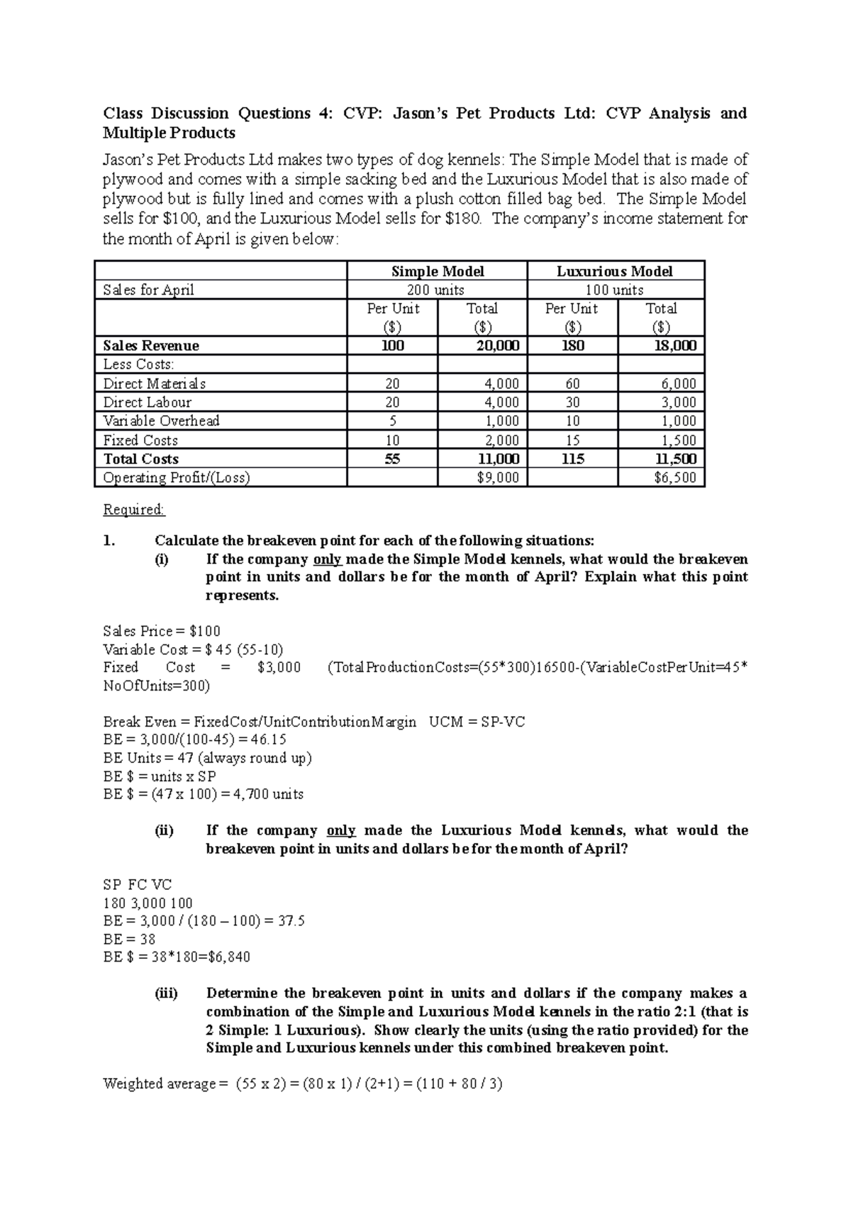 Class Discussion Questions 4 CVP The Simple Model sells for 100, and