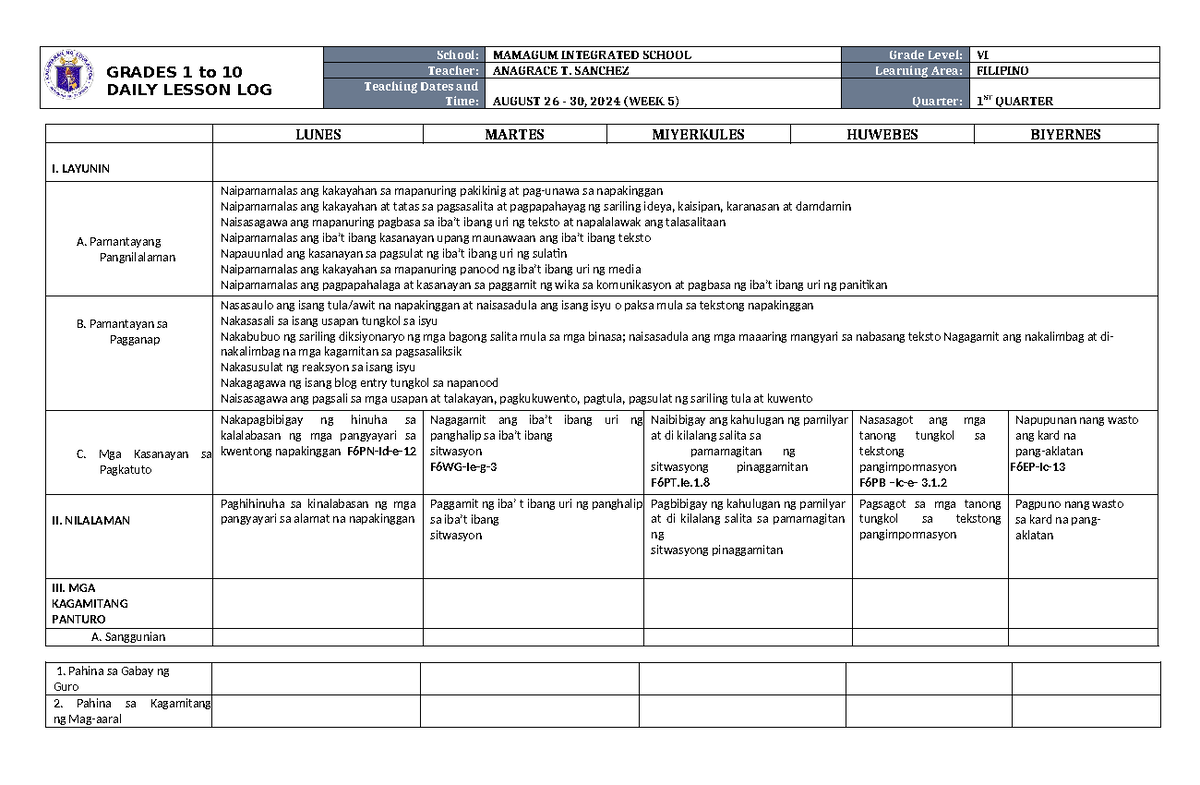 DLL Filipino 6 Q1 W5 - GRADES 1 to 10 DAILY LESSON LOG School: MAMAGUM ...