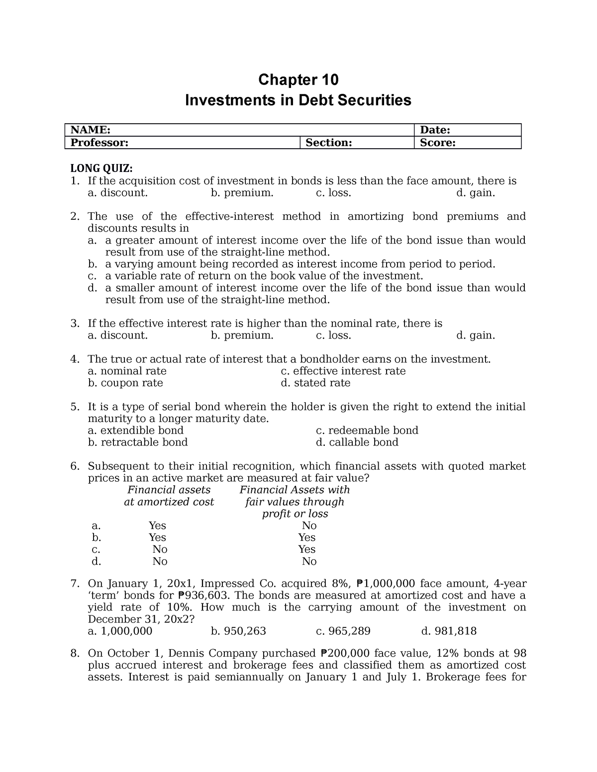 Quiz2-investment - Tyhsjsoaoadhzklslsks - Chapter 10 Investments In ...