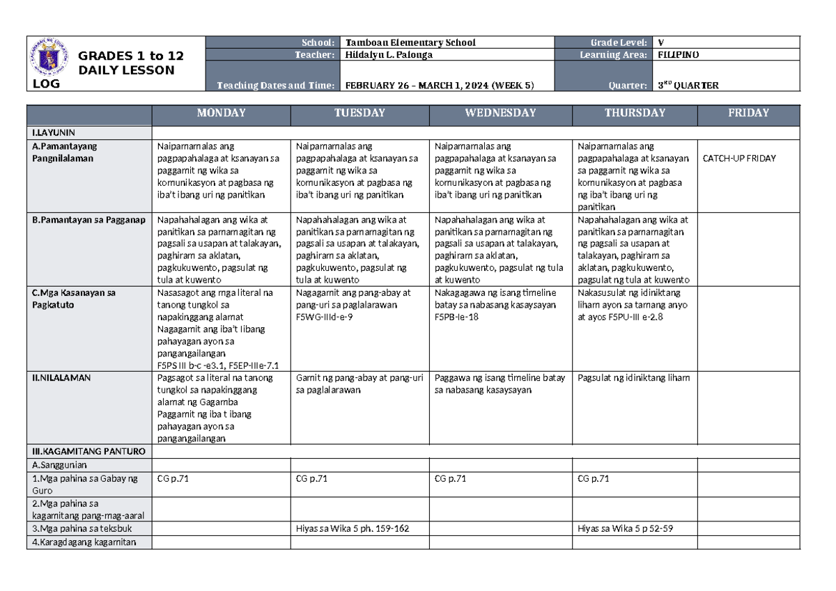 DLL Filipino 5 Q3 W5 - GRADES 1 to 12 DAILY LESSON LOG School: Tamboan ...