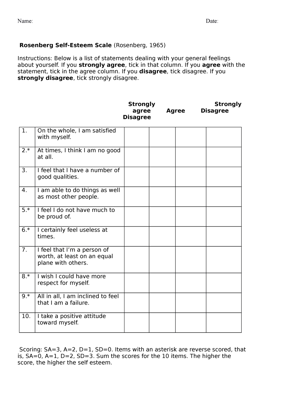 41 Rosenberg Self-Esteem Scale - Name: Date: Rosenberg Self-Esteem ...