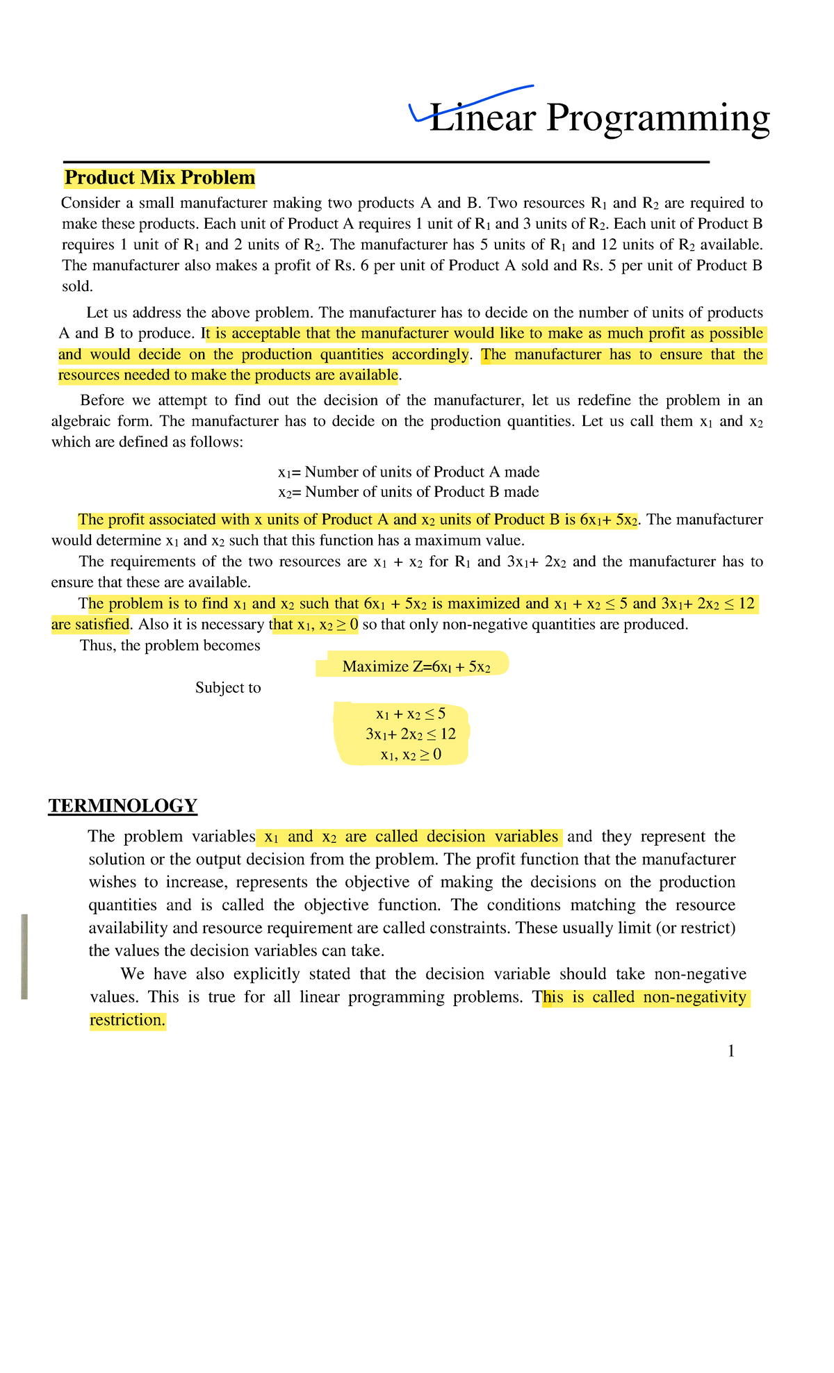 Notes for linear programming - Linear Programming Product Mix Problem ...