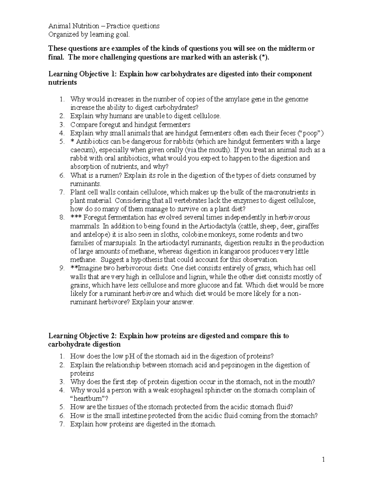 Animal nutrition practice questions Animal Nutrition Practice