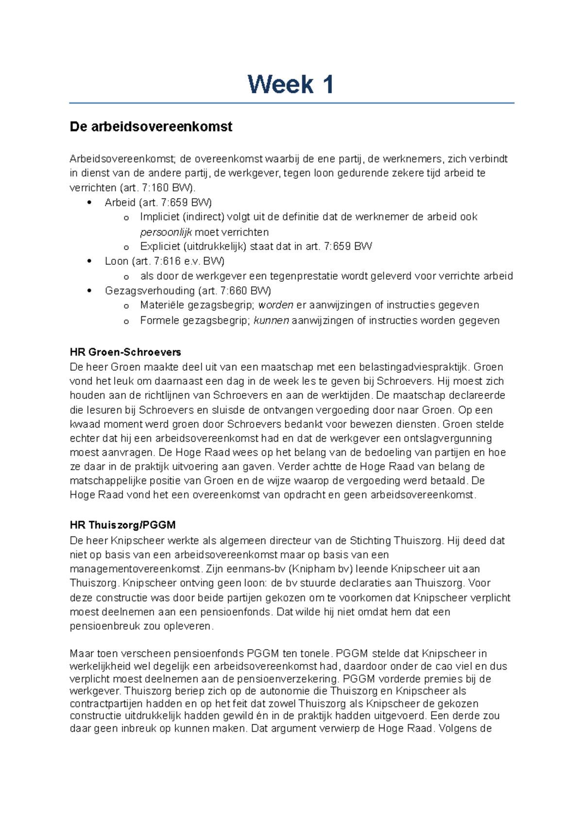 Samenvatting Arbeidsrecht Week 1 De Arbeidsovereenkomst