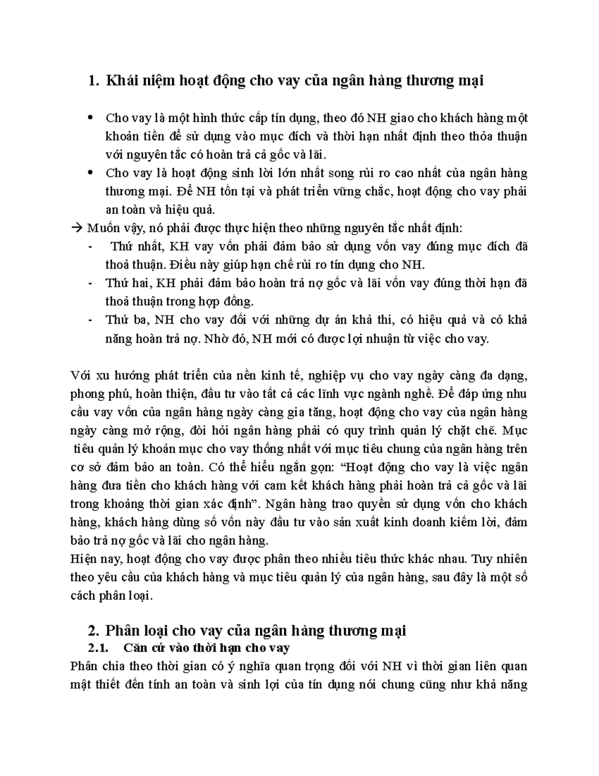 Khái niệm hoạt động cho vay của ngân hàng thương mại - 1. Khái niệm hoạt động cho vay - Studocu