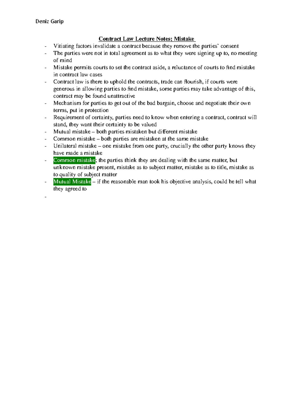 Contract Law Lecture Notes Mistake - Deniz Garip Contract Law Lecture ...