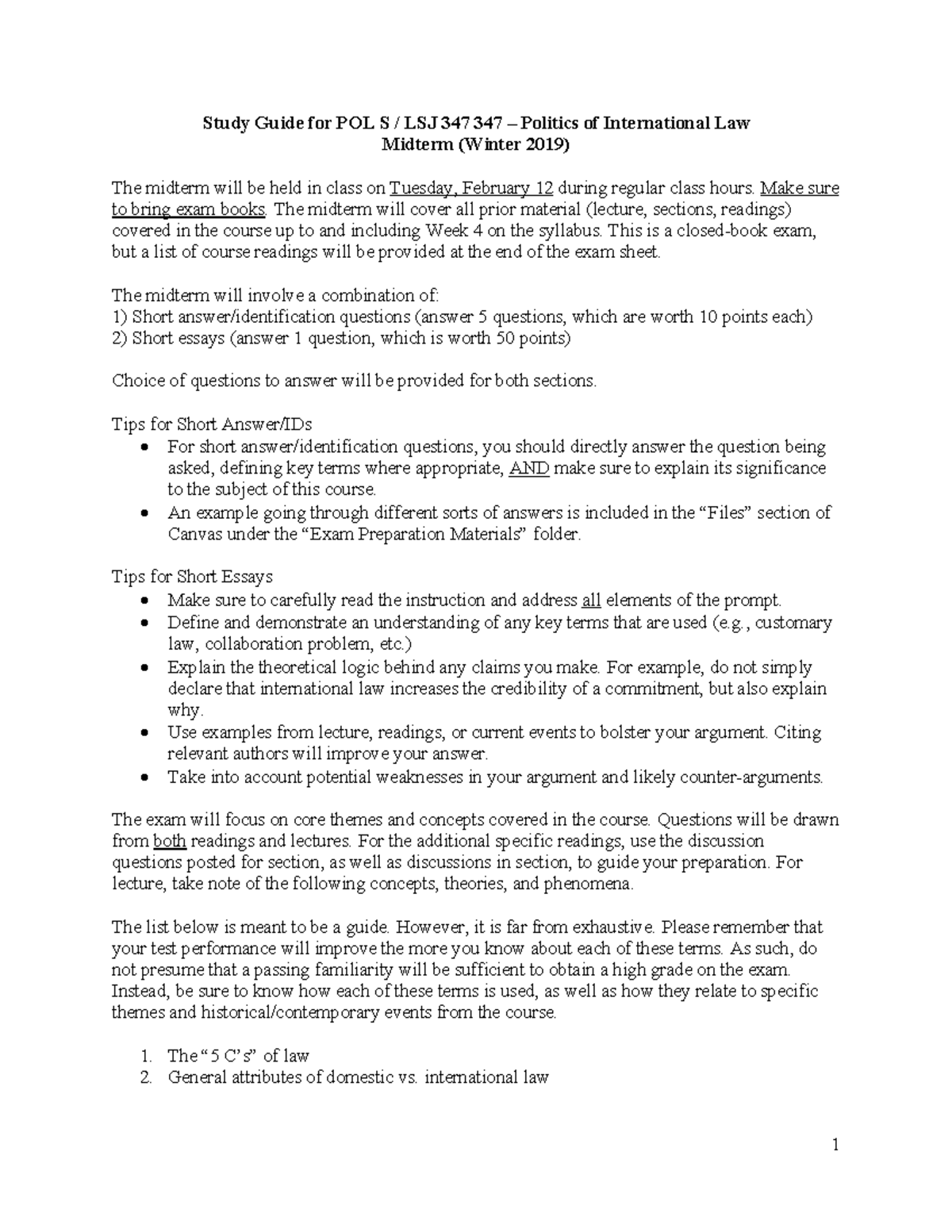 Midterm Study Guide - 1 Study Guide for POL S / LSJ 347 347 – Politics ...