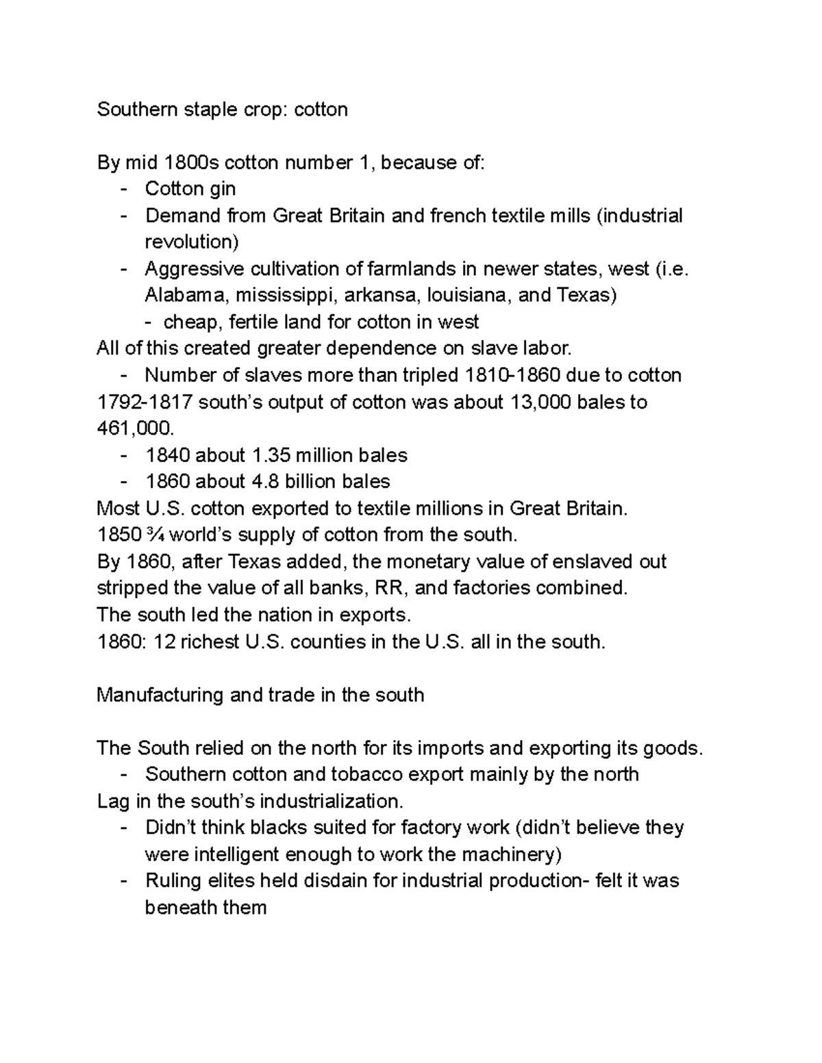 History of the US southern staple crop cotton Southern staple crop