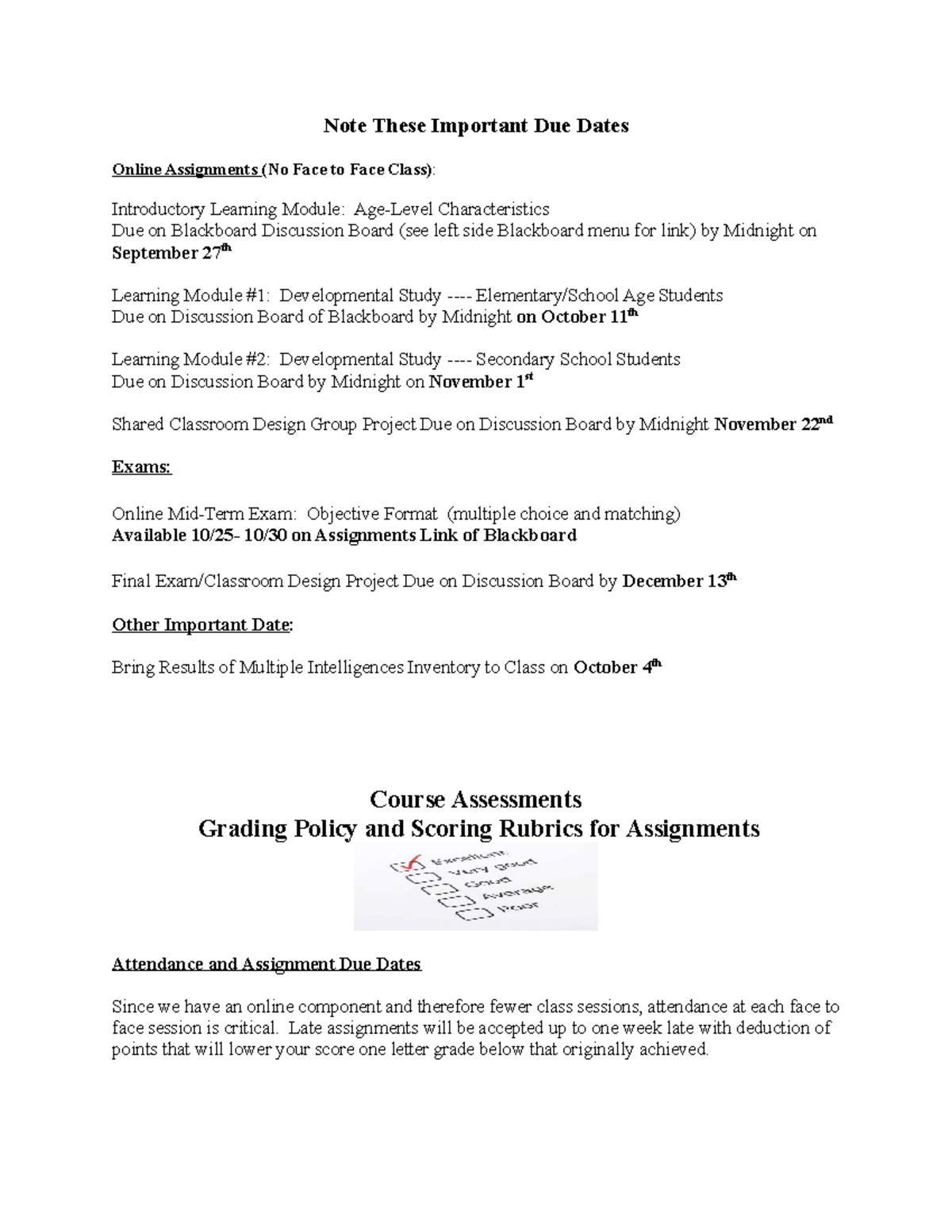 Education 311 Important Dates and Assignments with Scoring Rubrics F'21 ...