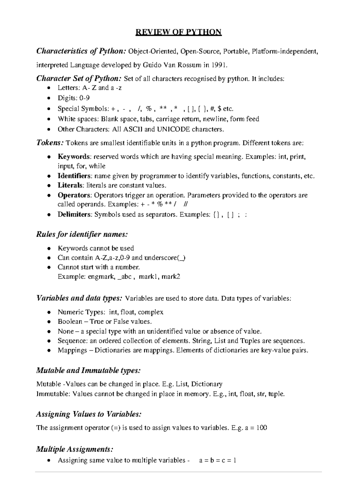 Revision Notes - Nsnsm - REVIEW OF PYTHON Characteristics of Python ...