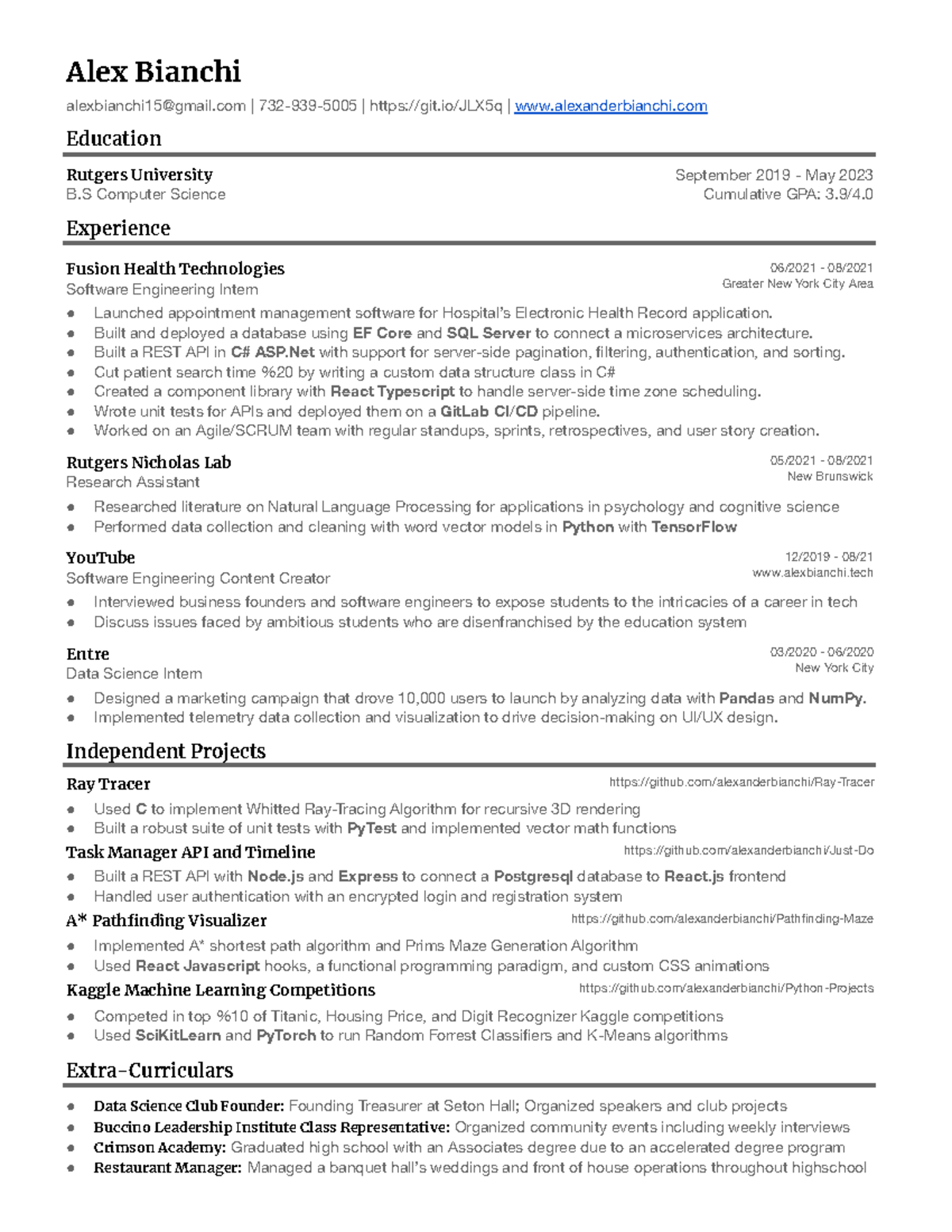 June 2021 Resume Formatted - Alex Bianchi alexbianchi15@gmail | 732-939 ...