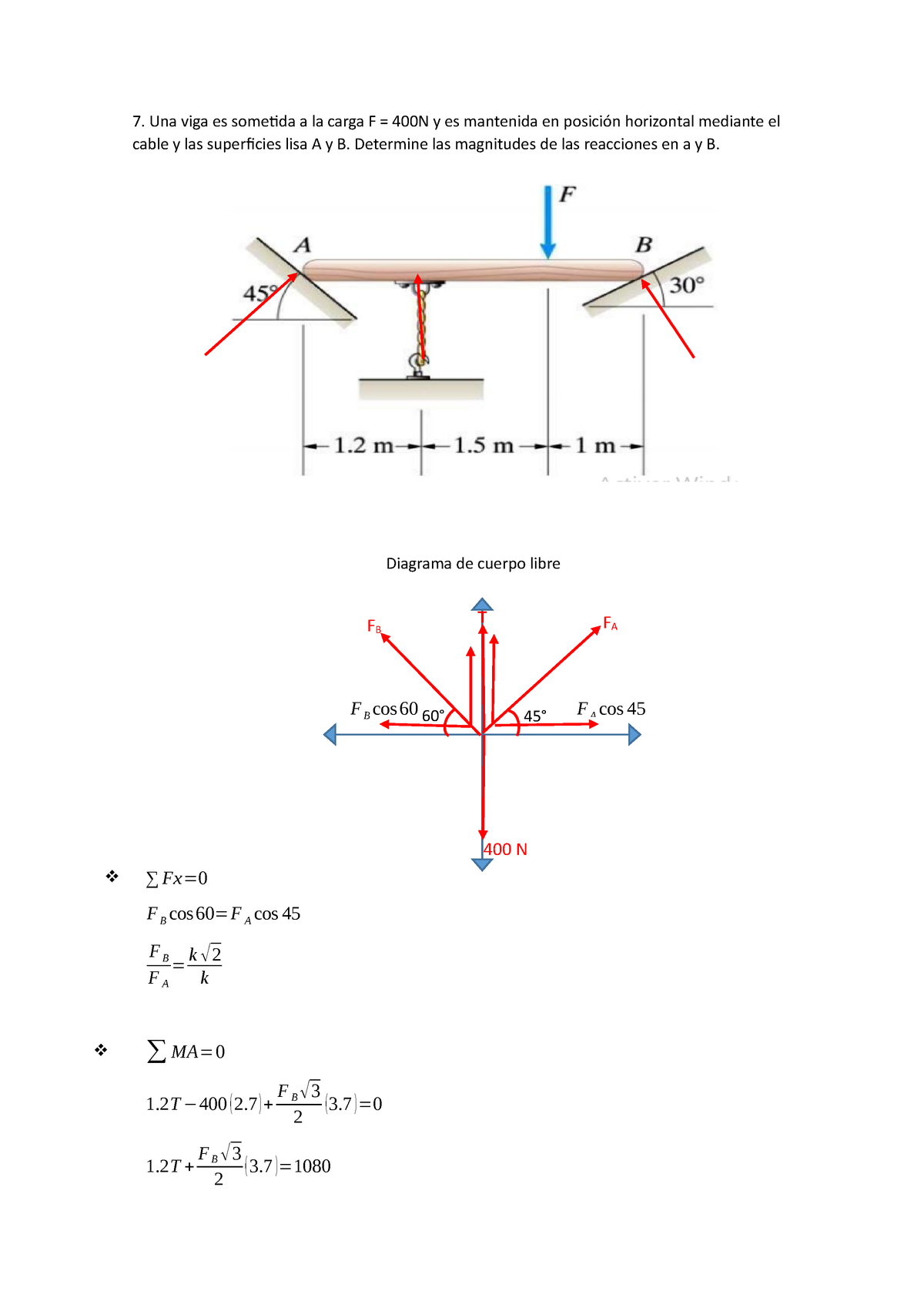 7-8 Fisica Estatica - Una viga es sometida a la carga F = 400N y es  mantenida en posición horizontal - Studocu