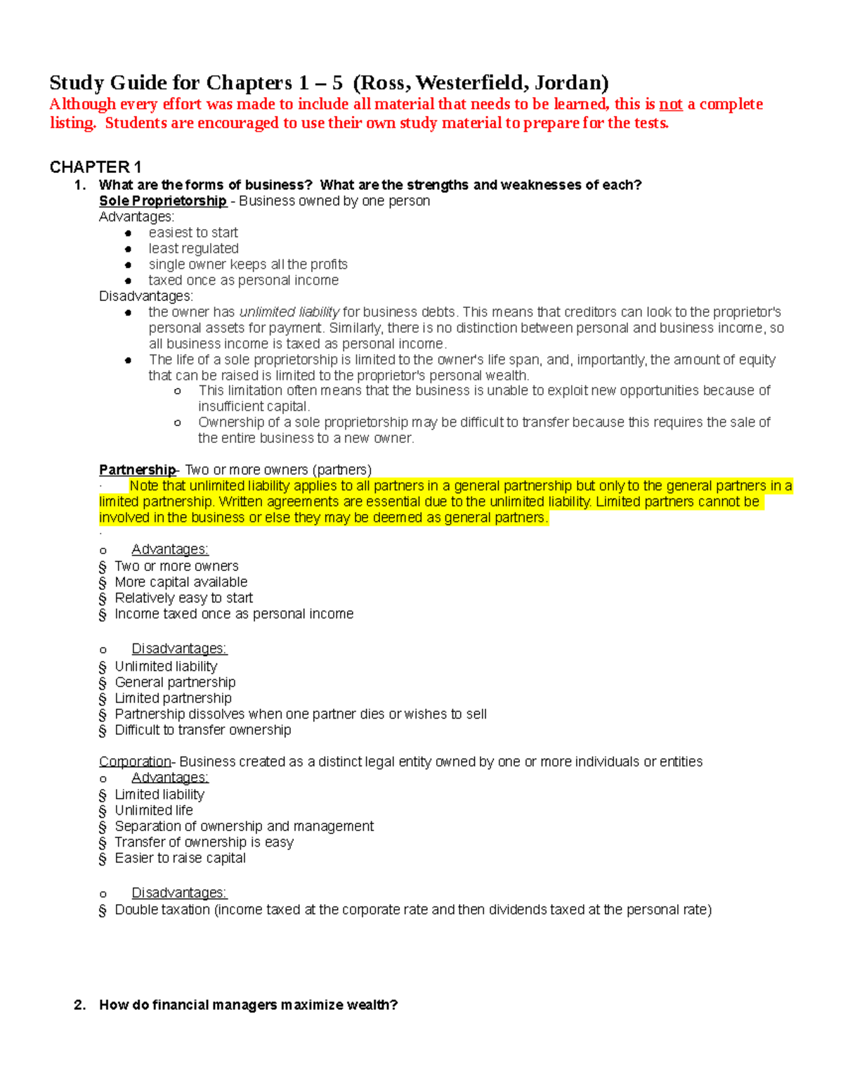 Finance 300 Study Guide For 1st Exam Ross Westerfield - Study Guide for ...