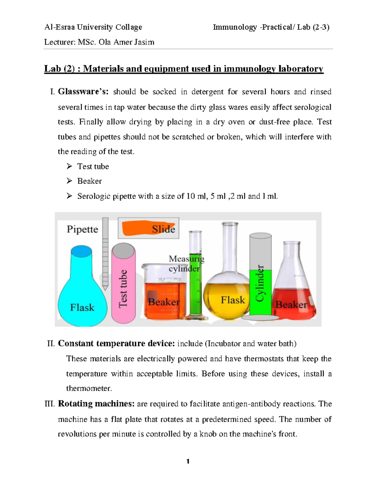 Lab (2) Materials and equipment used in immunology laboratory