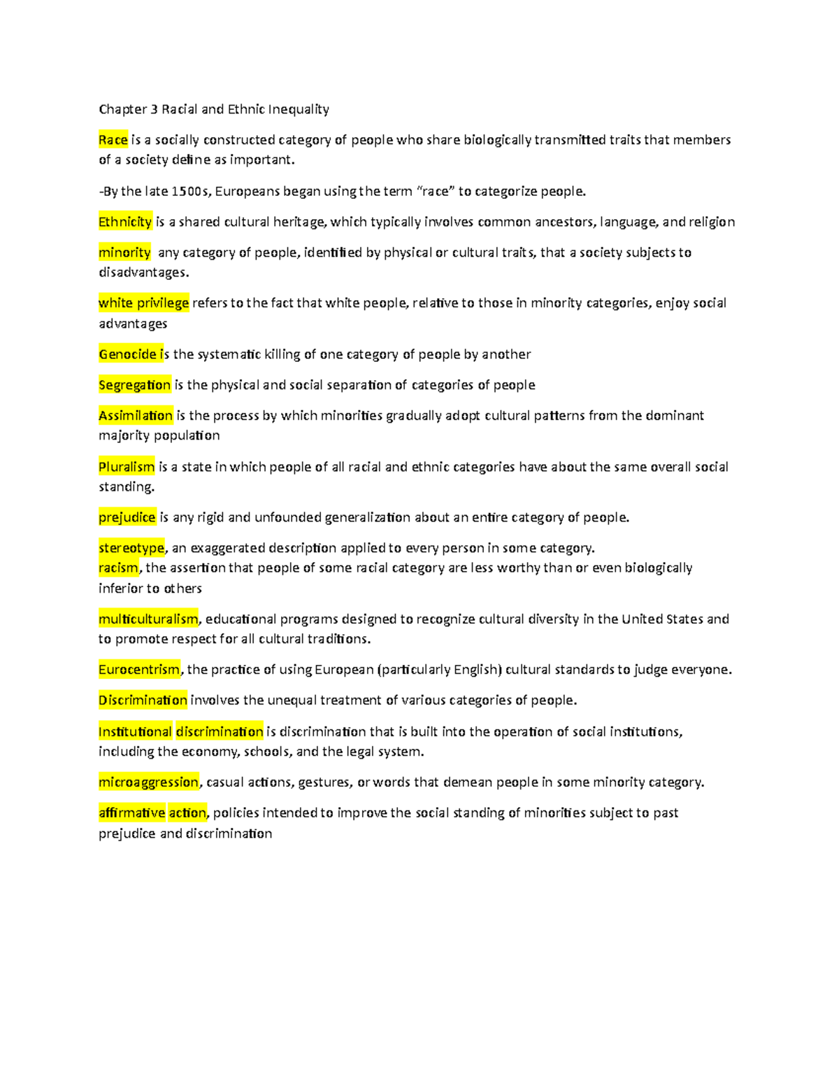 Ch 3 terms - Social Problems assignment - Chapter 3 Racial and Ethnic ...