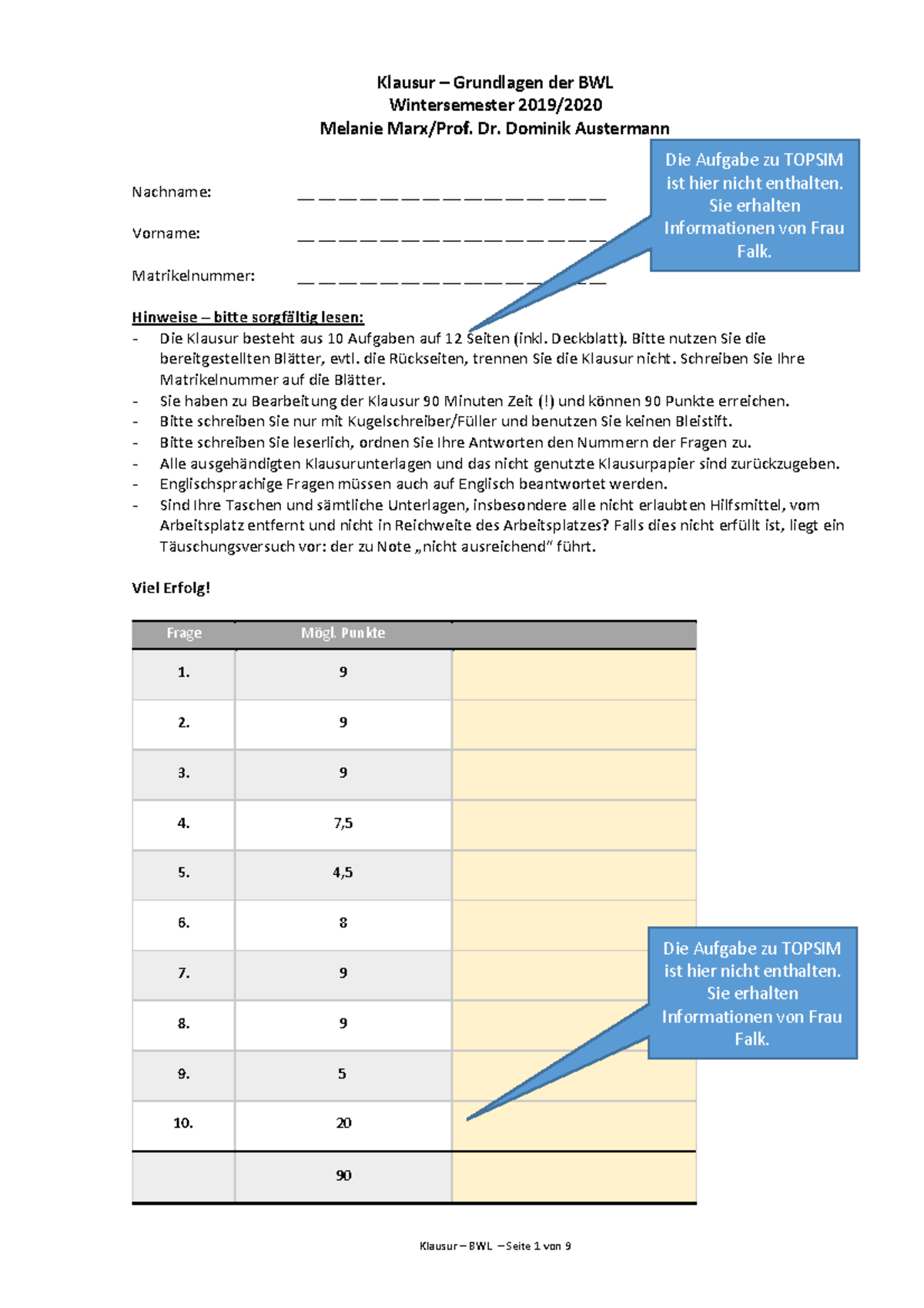 Altklausur BWL Basics - Klausur – Grundlagen Der BWL Wintersemester ...