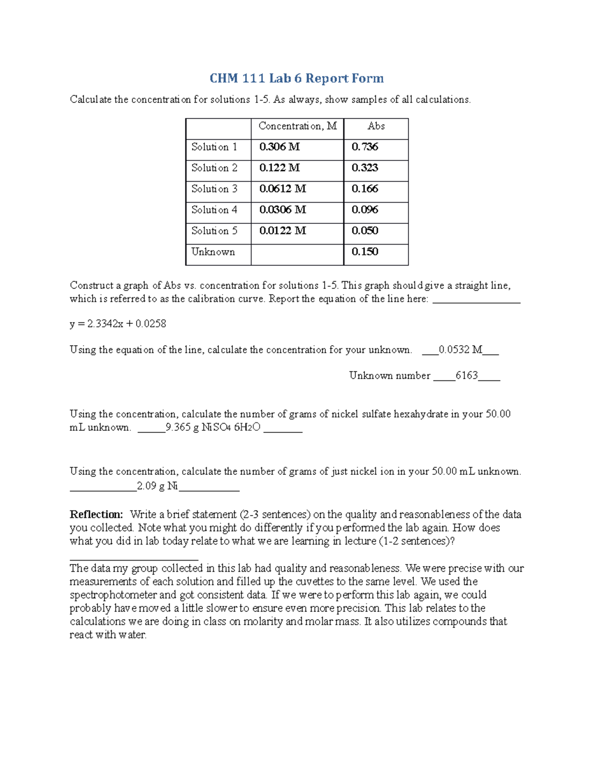 111Lab6F17RF - Lab 6 - CHM 111 Lab 6 Report Form Calculate the ...