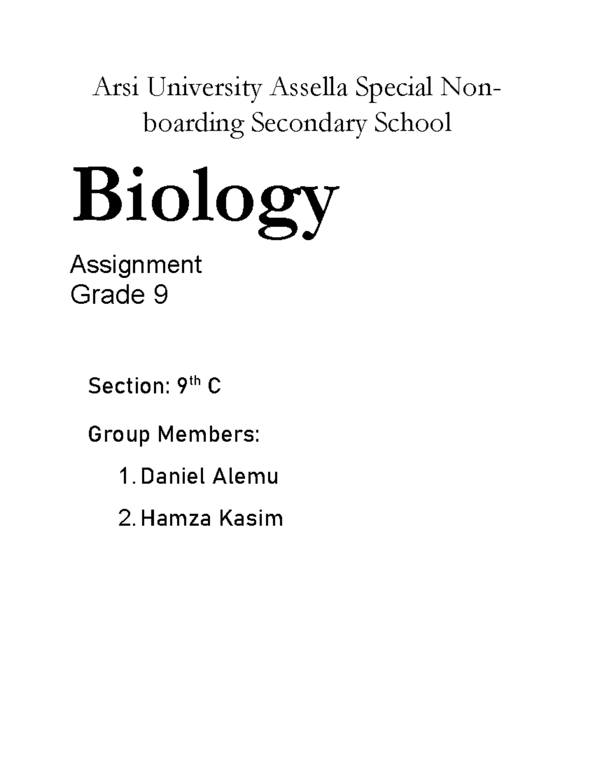 Biology Assignment - Arsi University Assella Special Non- boarding ...