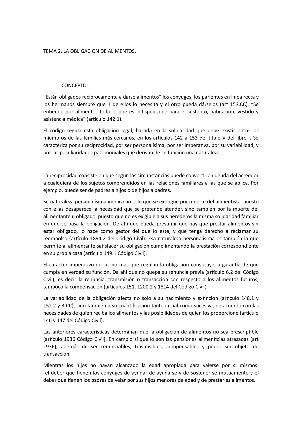 Tema 2 Deber De Alimentos Tema 2 La Obligacion De Alimentos 1 Concepto “están Obligados 5732