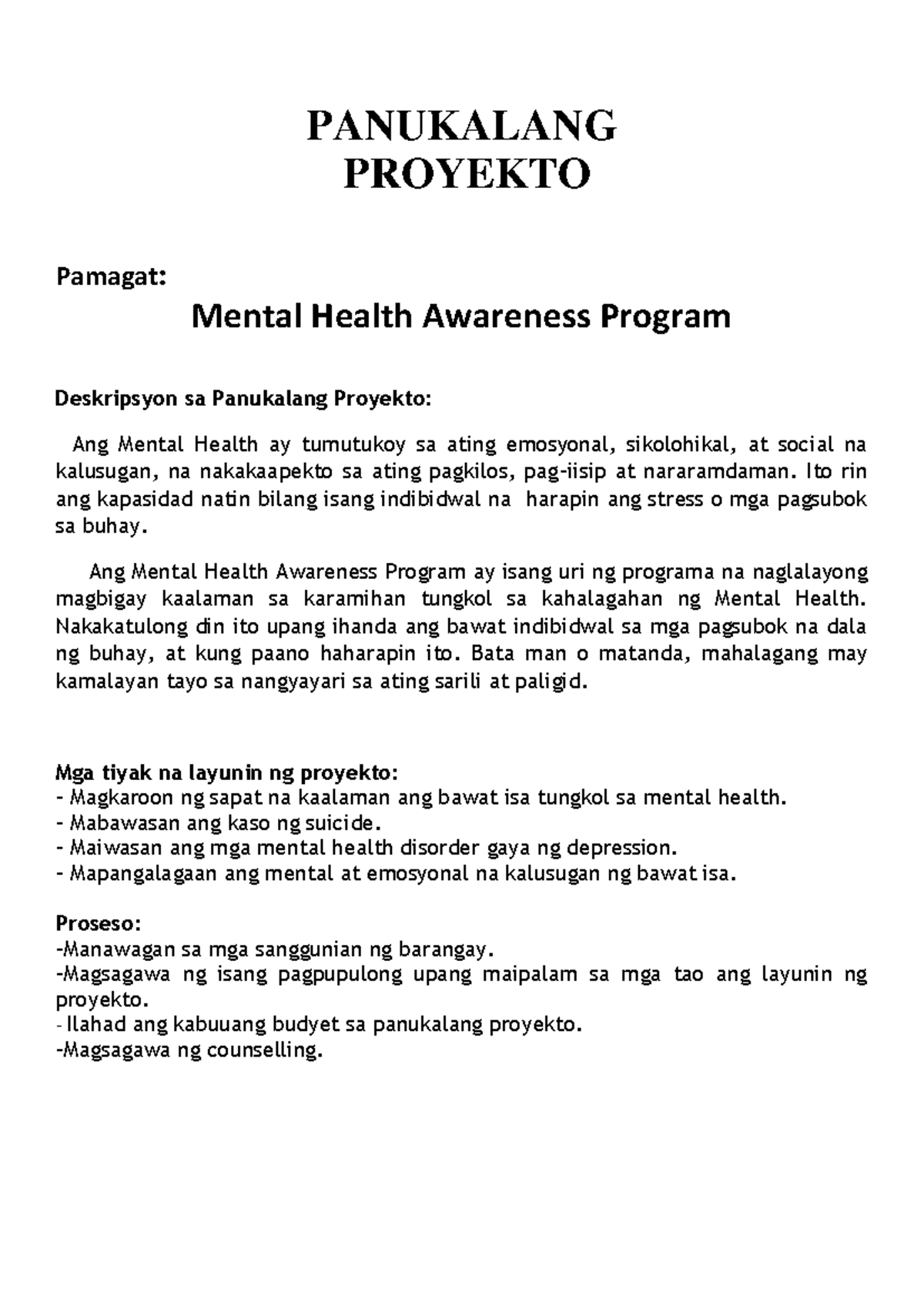 Panukalang Proyekto - PANUKALANG PROYEKTO Pamagat: Mental Health ...