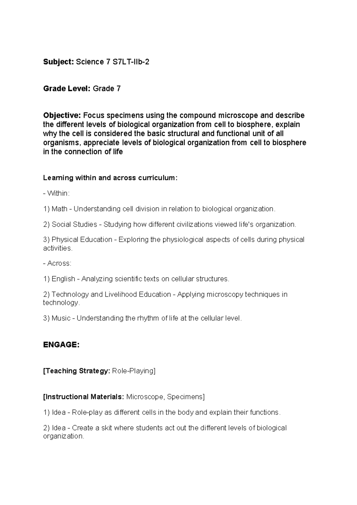 Science Lesson PLAN - Not so much - Subject: Science 7 S7LT-IIb- Grade ...