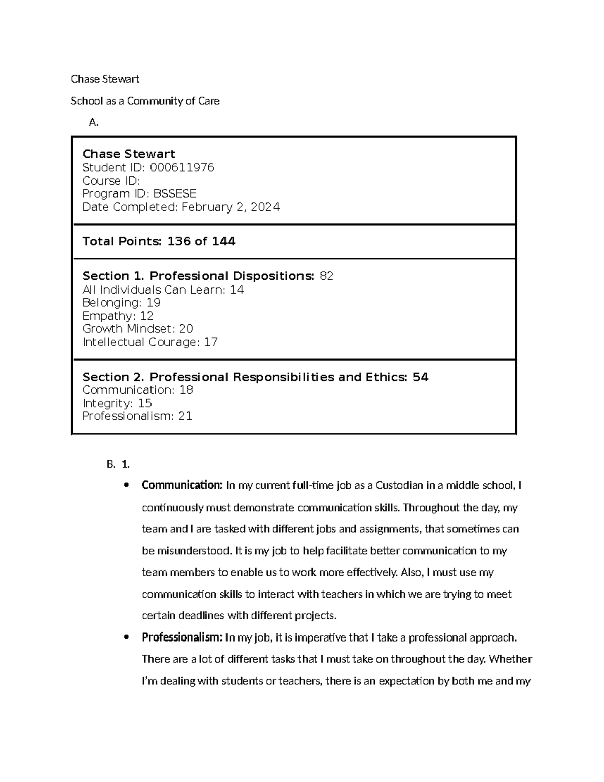 School of care task 4 - Chase Stewart School as a Community of Care A ...