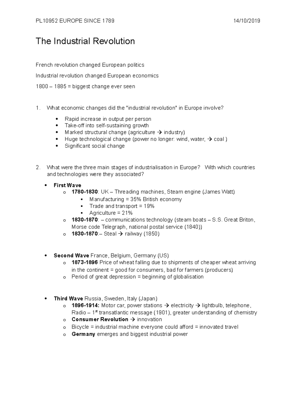 Lecture 3 - The Industrial Revolution - PL10952 EUROPE SINCE 1789 14/10 ...