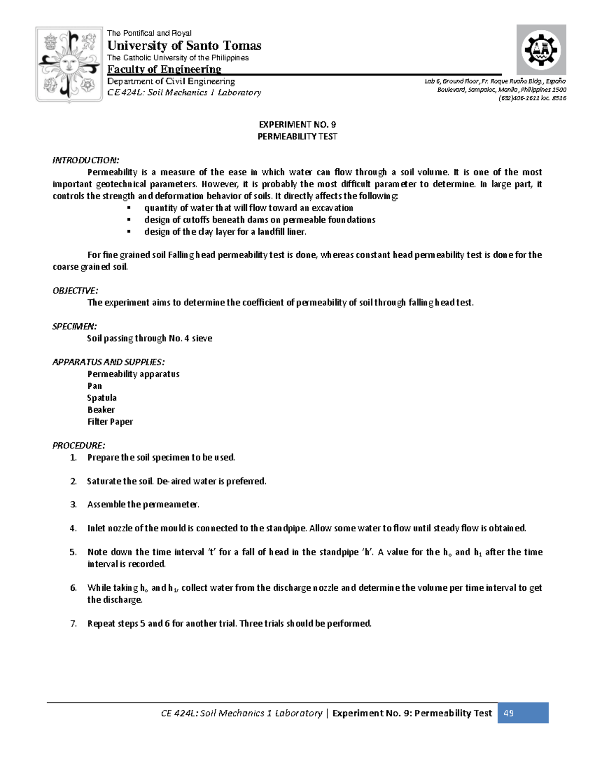 9 Permeability Test - Experiment sheets - EXPERIMENT NO. 9 PERMEABILITY ...