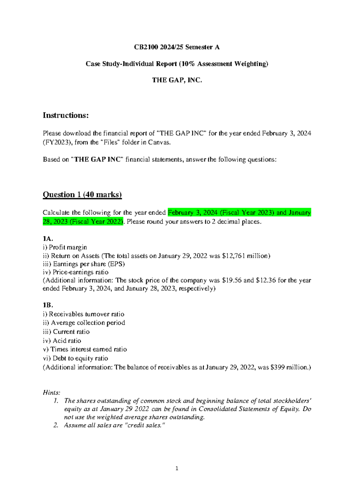 CB2100 Case Study Instructions 1 CB2100 2024 /2 5 Semester A Case