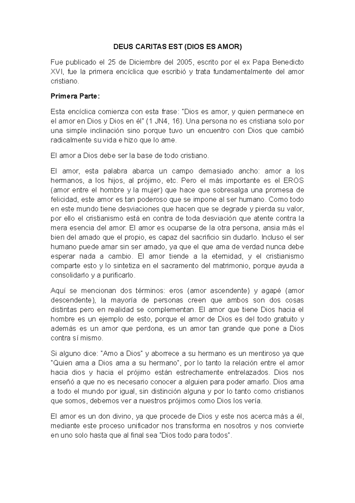 DEUS Caritas EST Resumen Enc clica DEUS CARITAS EST DIOS ES AMOR 