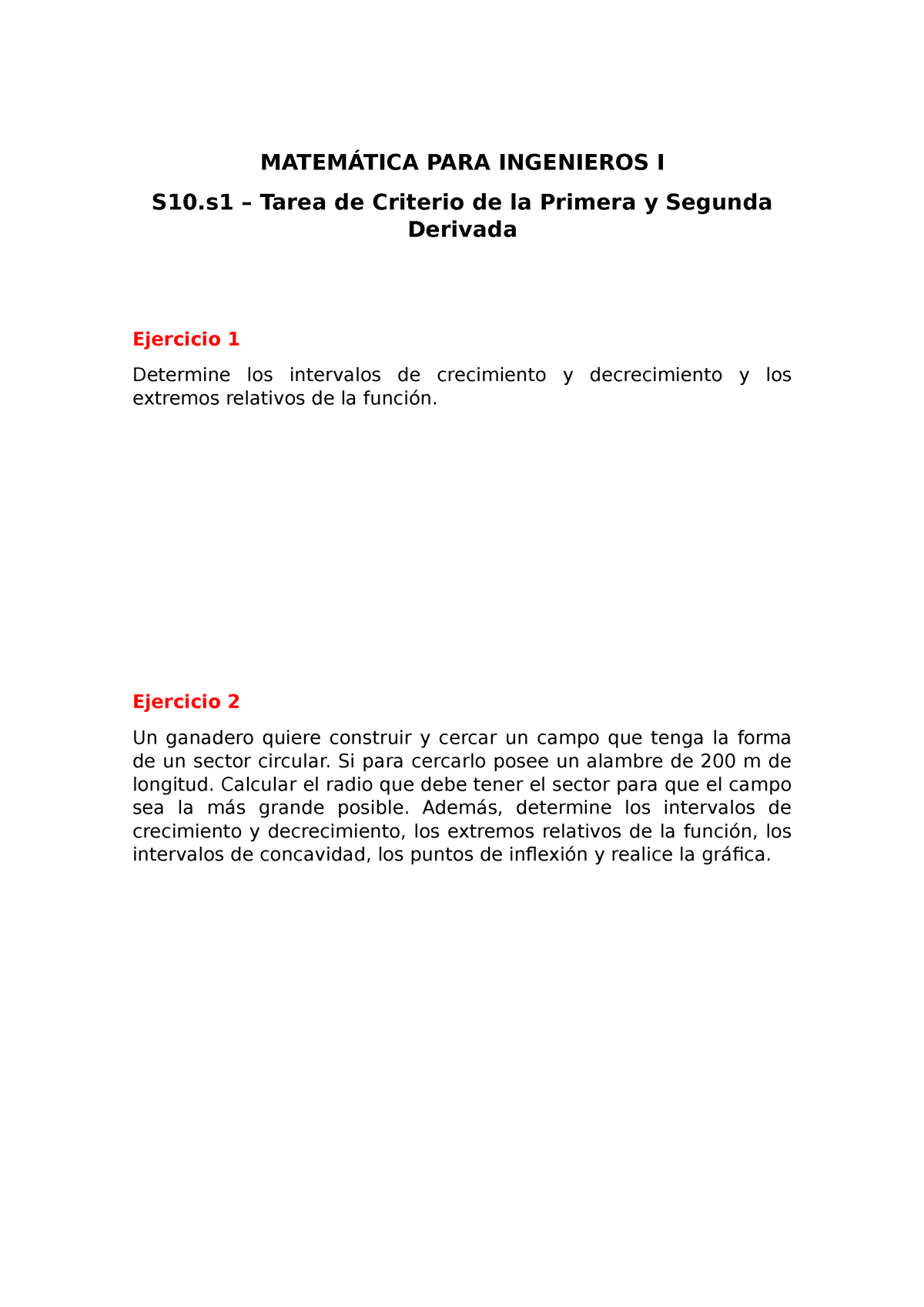 S10 - Tarea de Criterio de Primera y Segunda Derivada - MATEMÁTICA PARA  INGENIEROS I S10 – Tarea de - Studocu