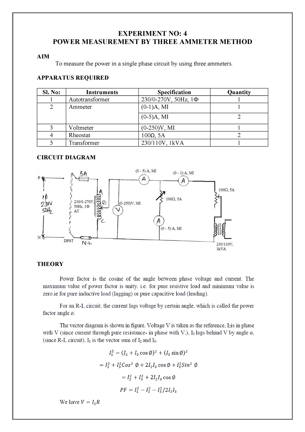 EM Lab Exp 4 - EXPERIMENT NO: 4 POWER MEASUREMENT BY THREE AMMETER