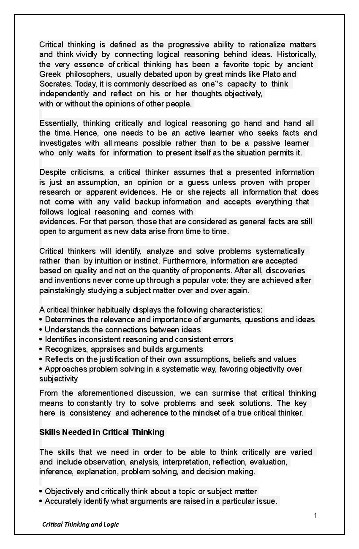CRWT Finals- Reviewer - 1 Critical thinking is defined as the ...
