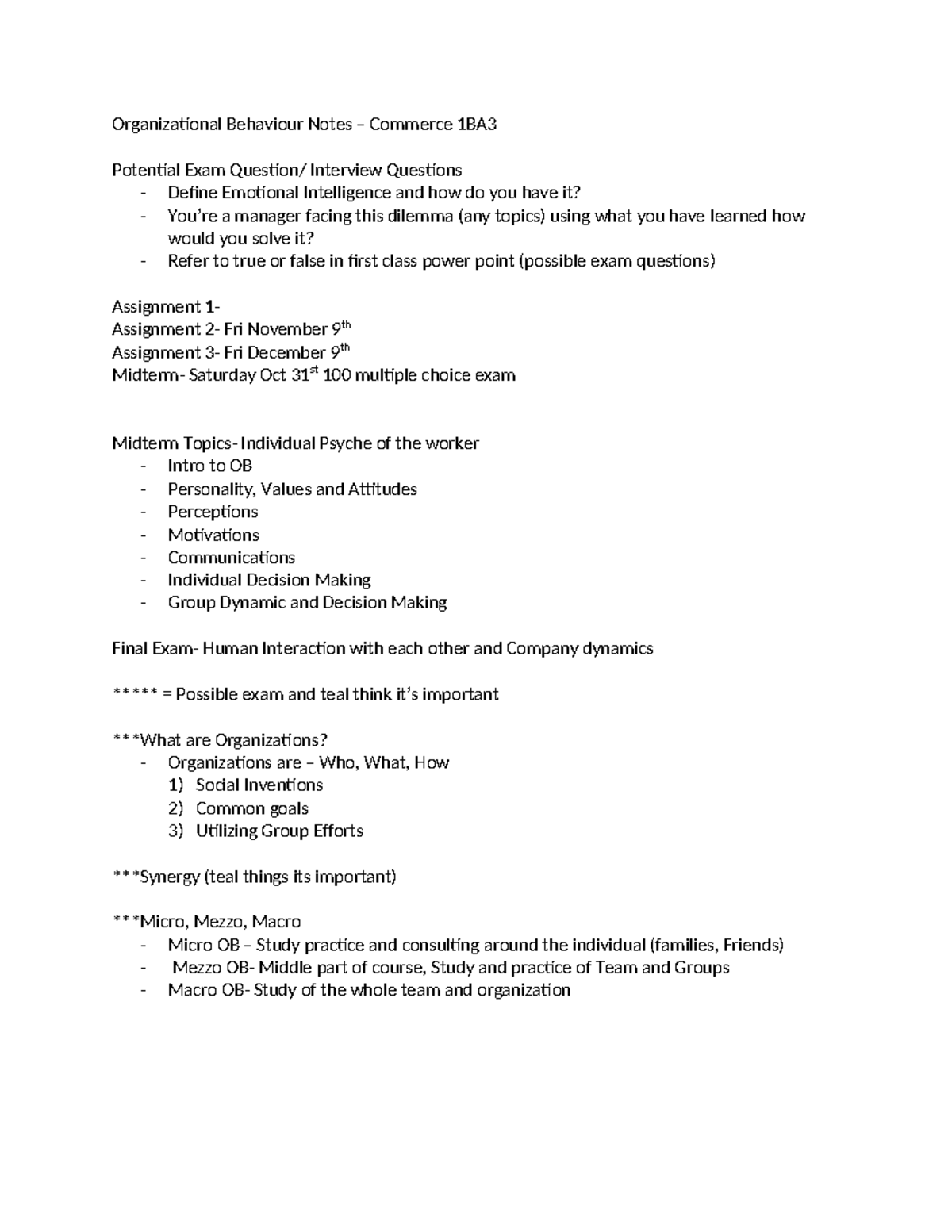 Week 1 Week 2Organizational Behaviour Notes – Commerce 1BA3 ...