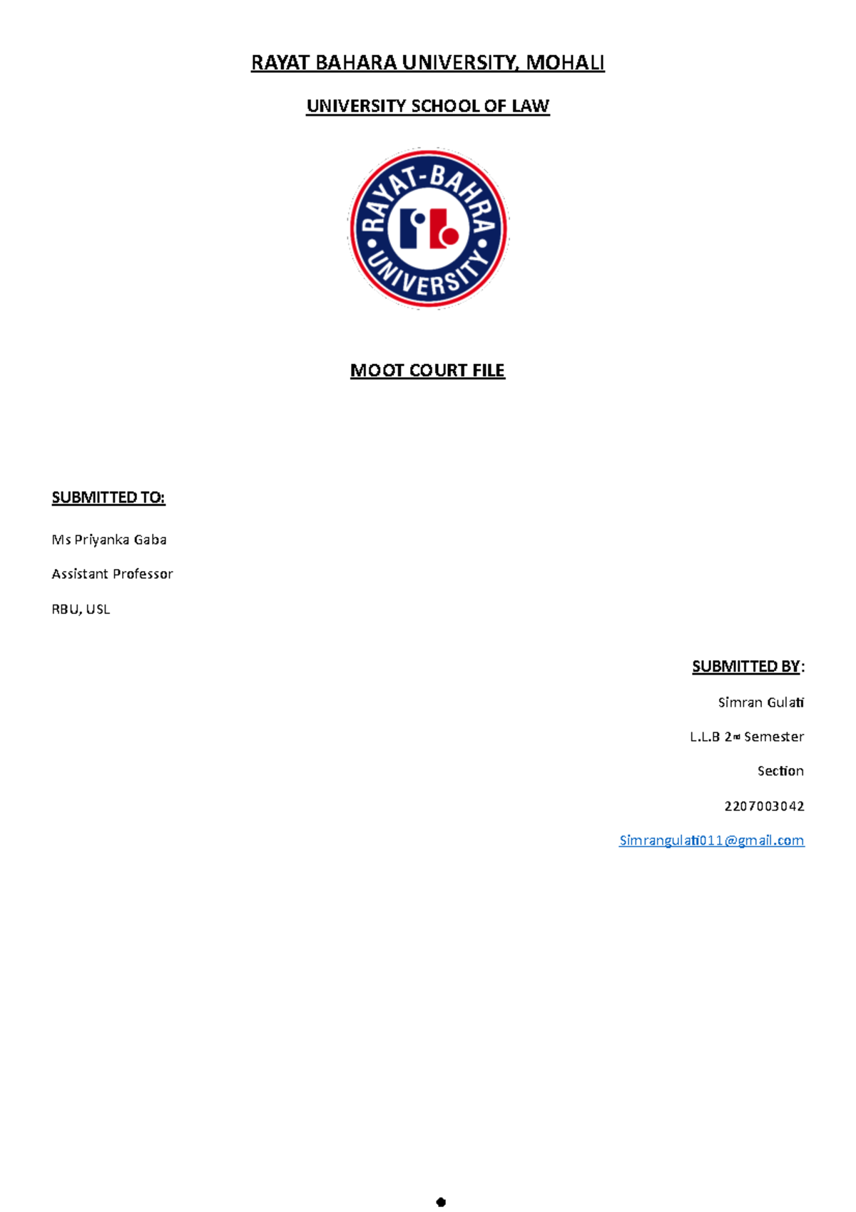 Moot court file - Assignment details - RAYAT BAHARA UNIVERSITY, MOHALI ...