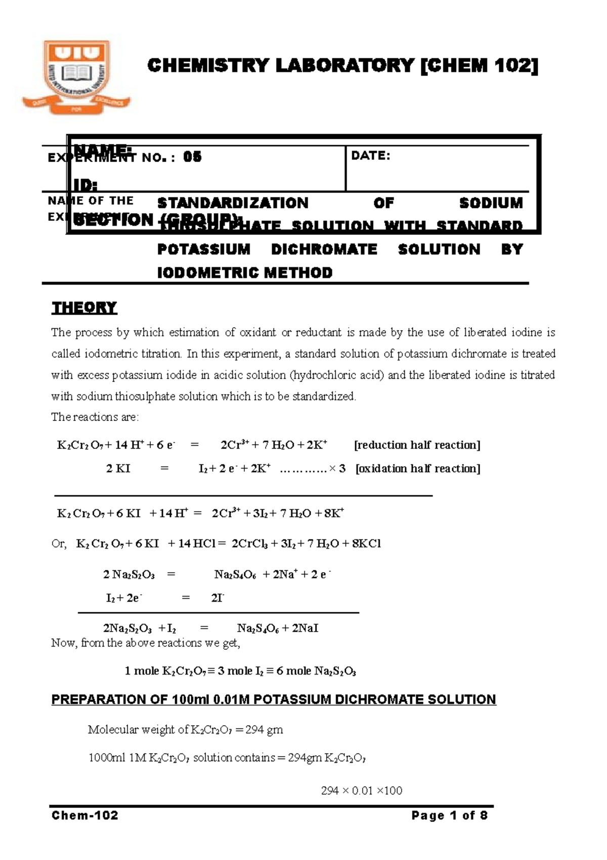 Exp5 Practical CHEMISTRY LABORATORY [CHEM 102] EXPERIMENT NO. 05